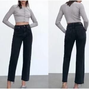 Zara High Rise Wide-Leg Raw Hem Black Jeans size 0